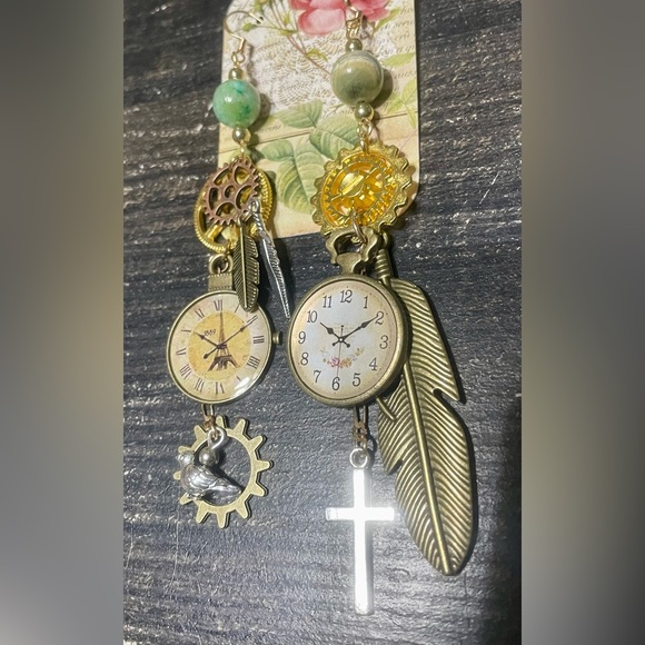 ‘Time Flies’ Clocks, Gears and Feathers Earrings - Picture 7 of 7